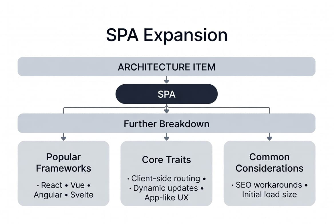 SPA expansion diagram showing popular frameworks React, Vue, Angular and Svelte, core traits of client-side routing, dynamic updates and app-like UX, and common considerations around SEO workarounds and initial load size