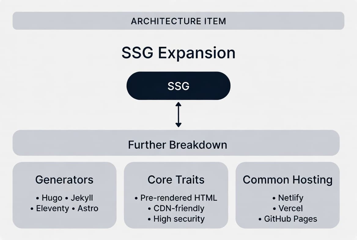 SSG expansion diagram showing generators such as Hugo, Jekyll, Eleventy and Astro, core traits of pre-rendered HTML, CDN-friendly delivery and high security, and common hosting on Netlify, Vercel and GitHub Pages