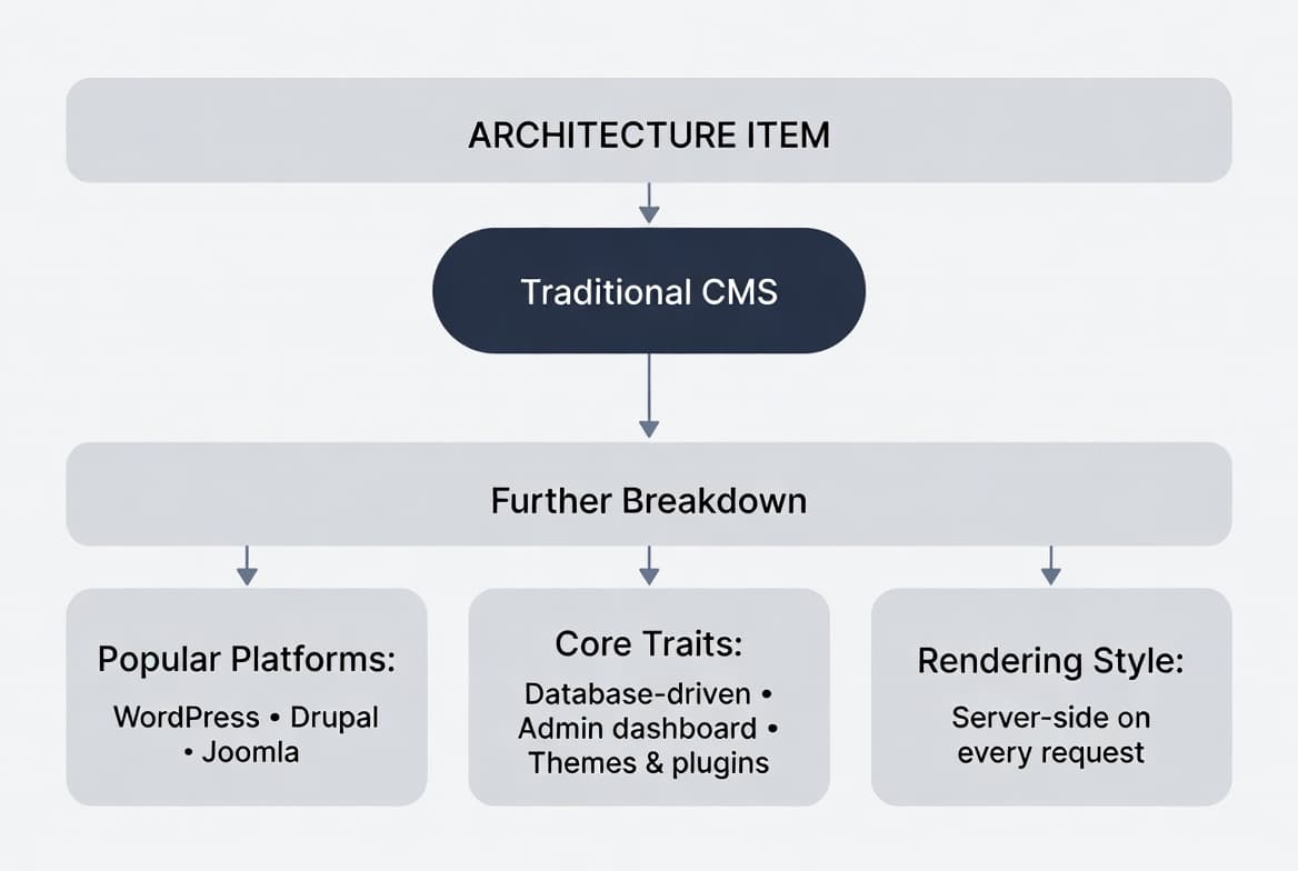 Traditional CMS expansion diagram showing popular platforms WordPress, Drupal and Joomla, core traits of database-driven admin dashboards with themes and plugins, and server-side rendering on every request