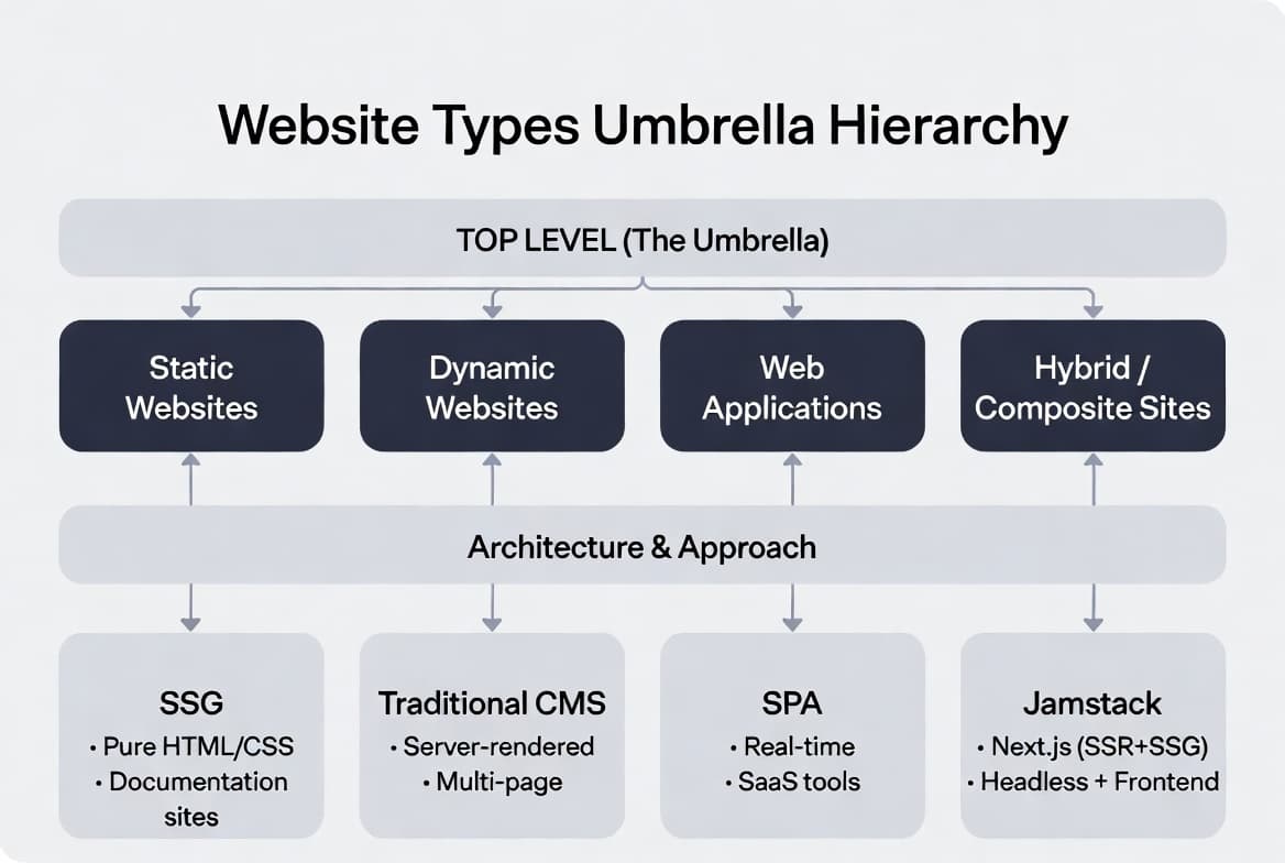 Website types umbrella hierarchy showing Static Websites, Dynamic Websites, Web Applications, and Hybrid or Composite Sites under Architecture and Approach categories such as SSG, Traditional CMS, SPA, and Jamstack